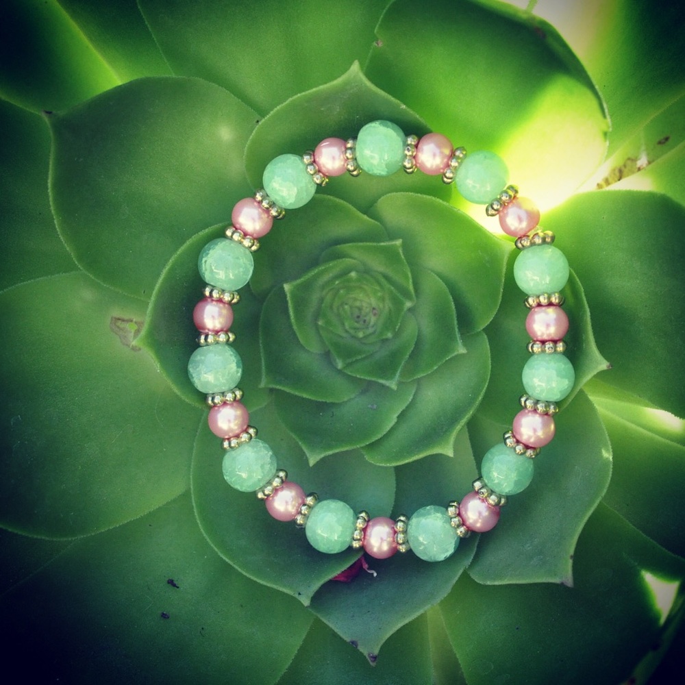 Pink and green beaded bracelet